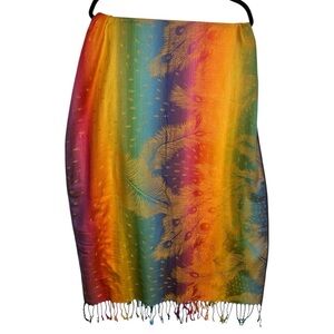 Pashmina Rainbow Bright Colorful Peacock Fringe Scarf 26x66